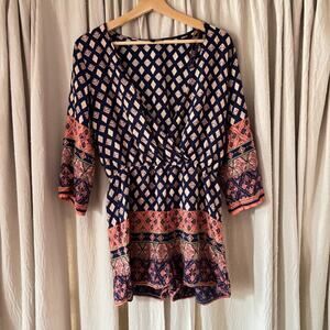 Spiaggia Dolce Navy Coral Medallion Print Rayon Romper L 3/4 Sleeve